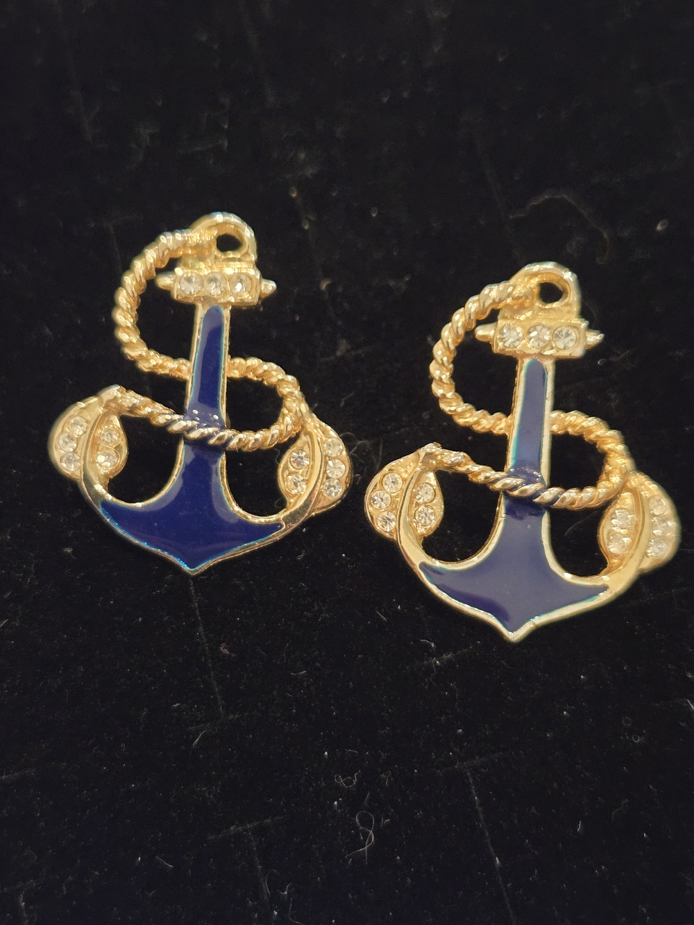 Gold-Tone Blue Anchor Earrings with Rhinestones